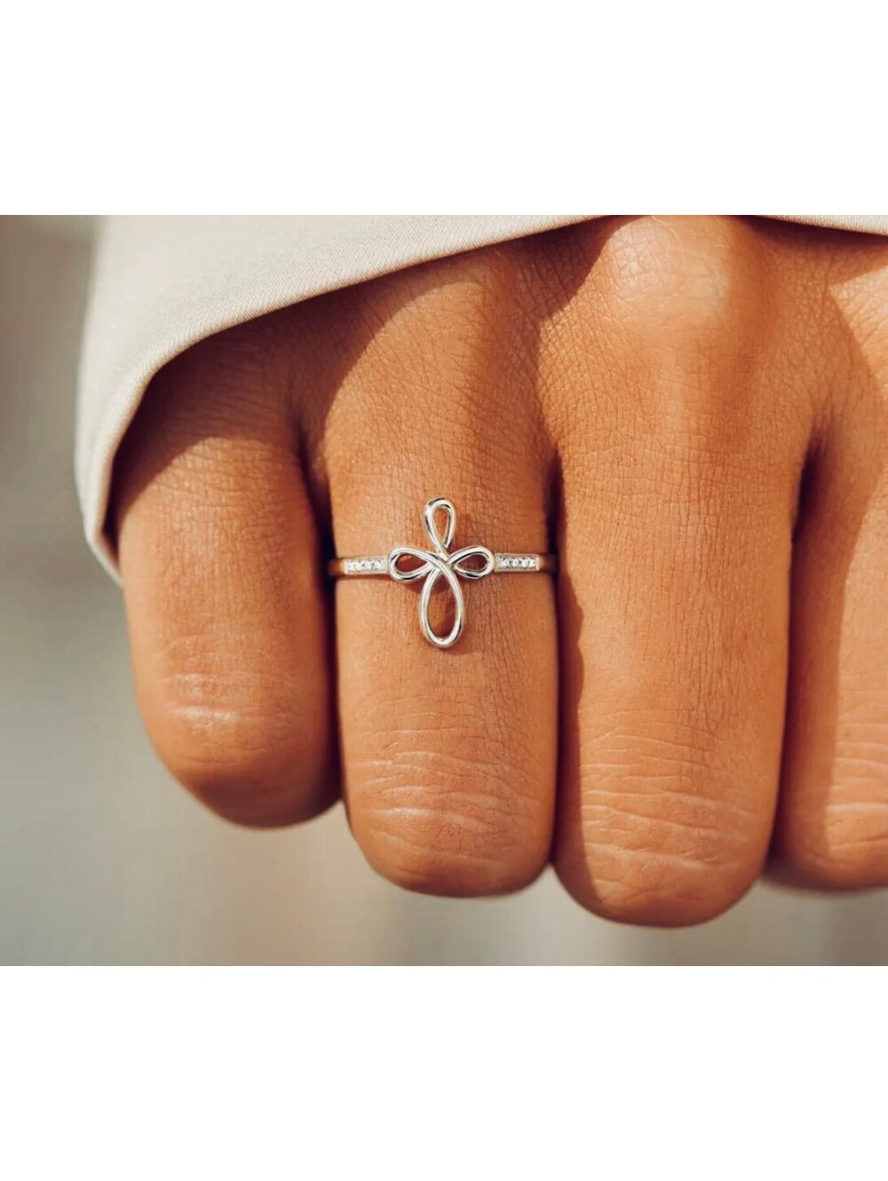 New - Unique - Hollow Out Cross Adorned with Micro-Set Zirconia Stones - Size 7